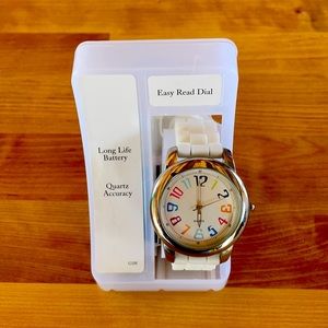 White watch with multicolored numbers on the face